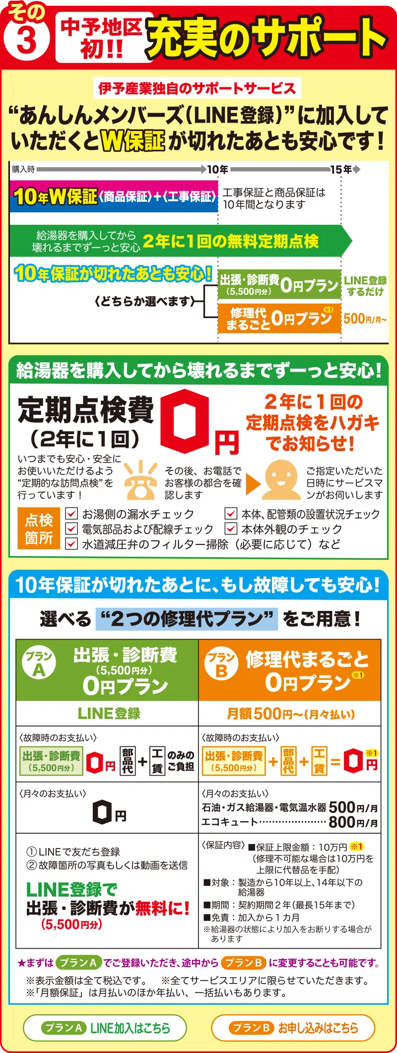 充実のサポート！伊予産業独自のサポートサービス「あんしんメンバーズ（LINE登録）」に加入していただくとW保証が切れたあとも安心です！給湯器を購入してから壊れるまでずーっと安心！2年に1回の定期点検をハガキでお知らせ！W保証が切れたあとに、もし故障しても安心！選べる“2つの修理代プラン”をご用意！プランA出張・診断費無料プラン、プランB修理代まるごと無料プランがおトク！