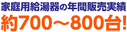 家庭用給湯器の年間販売実績 約700~800台!